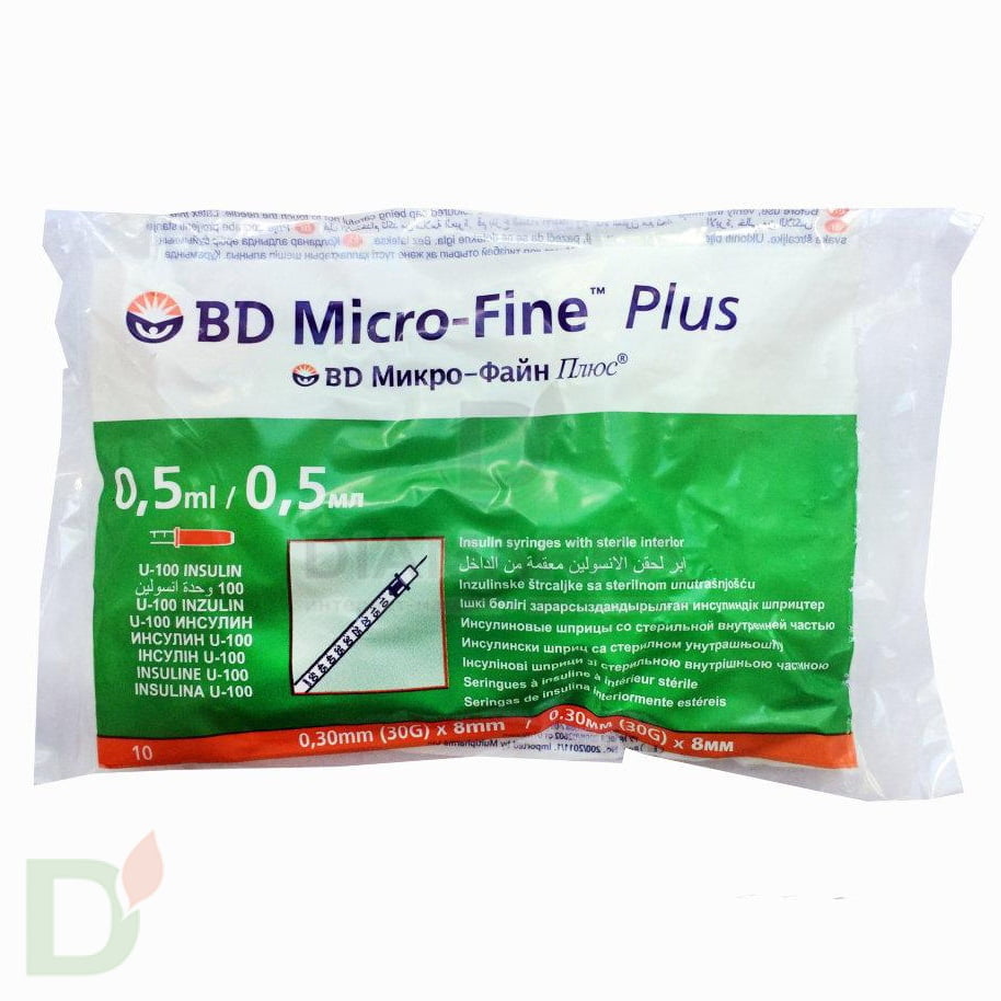 Шприц инсулиновый 100МЕ/0,5МЛ с иглой 30 G(0.30мм*8мм) Micro-Fine Plus