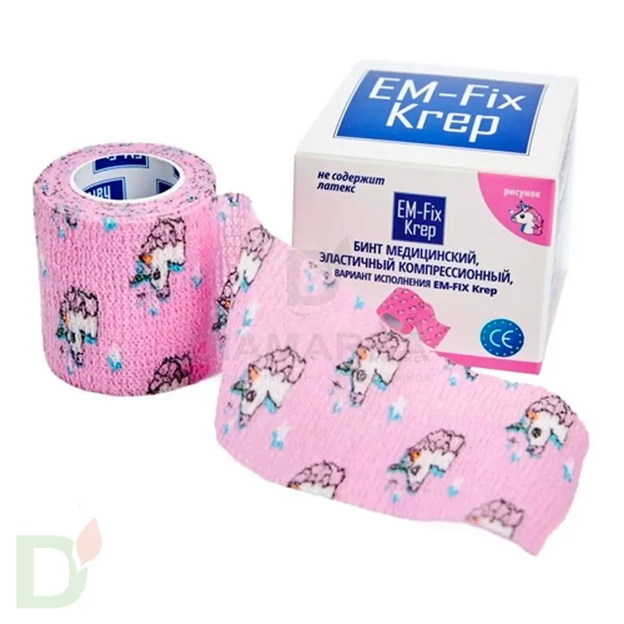 Бинт самофиксирующийся EM-Fix krep Розовый с единорогом, 5см*4,5м в Красноярске